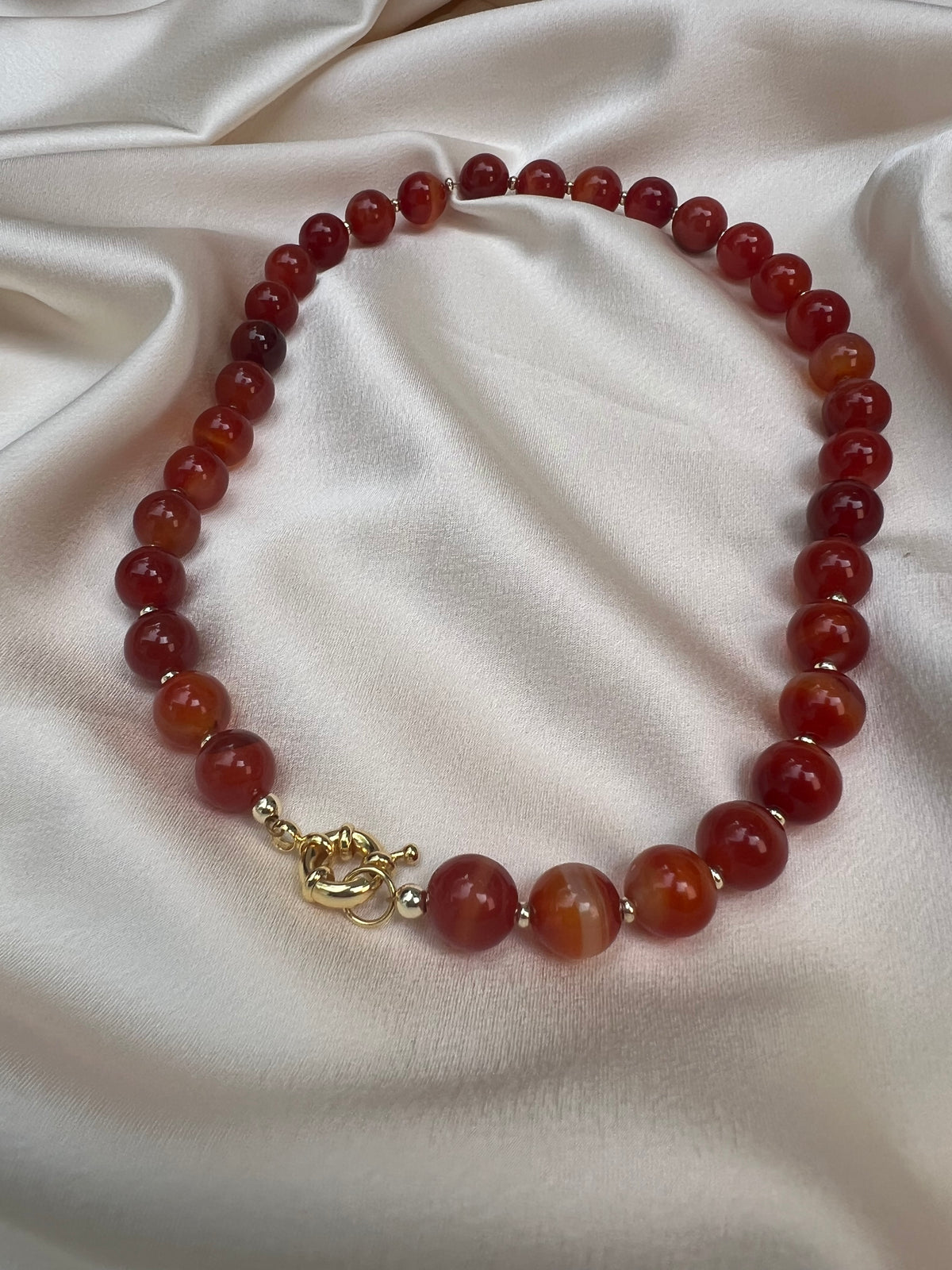 Red Stripe Agate Beaded Necklace with Gold-Filled Spring Ring Sailor Clasp