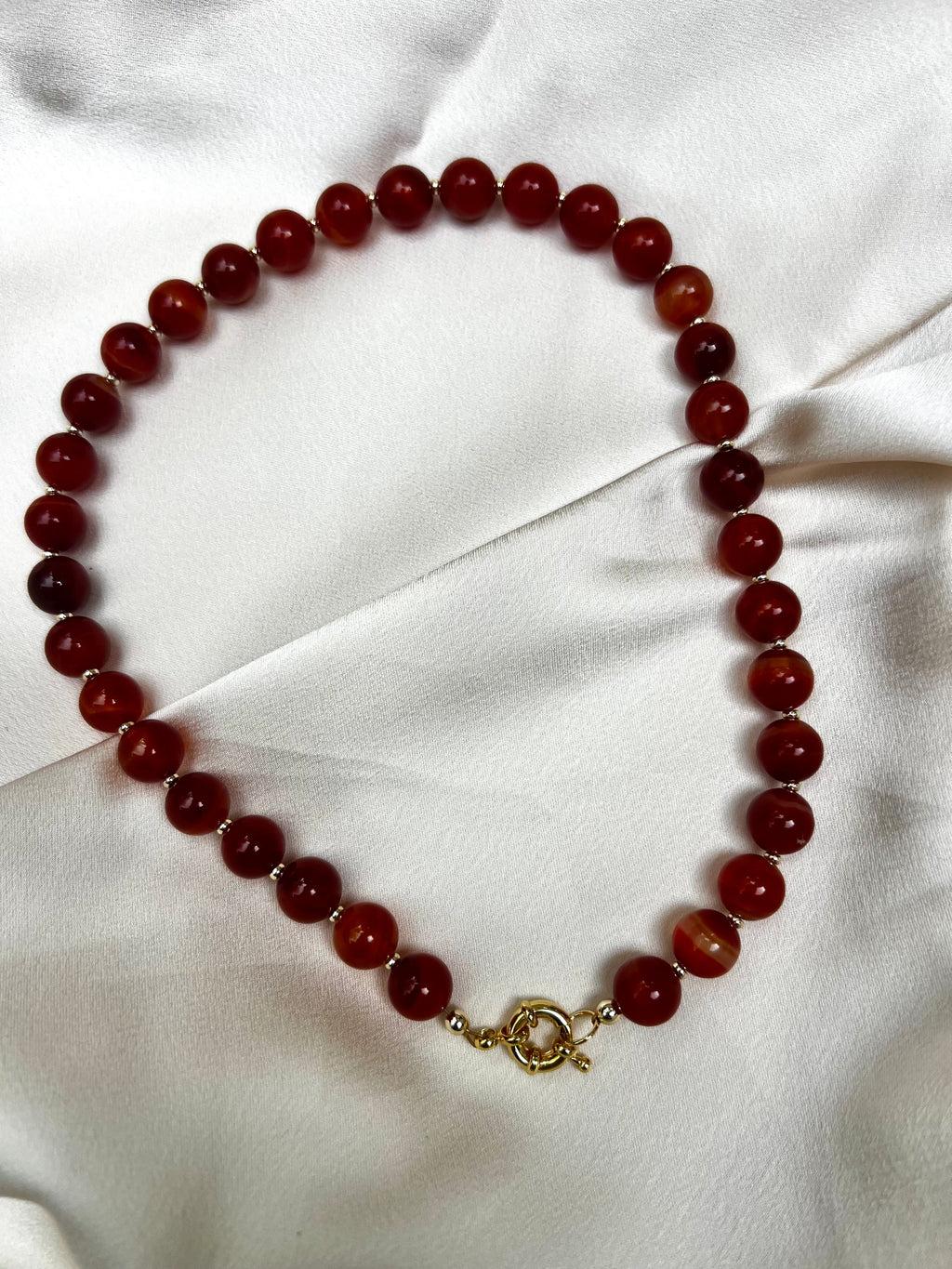 Red Stripe Agate Beaded Necklace with Gold-Filled Spring Ring Sailor Clasp