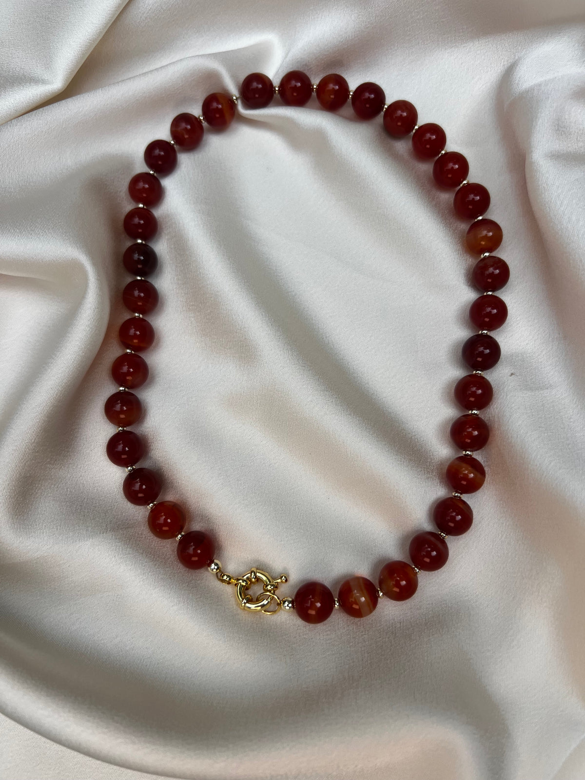 Red Stripe Agate Beaded Necklace with Gold-Filled Spring Ring Sailor Clasp