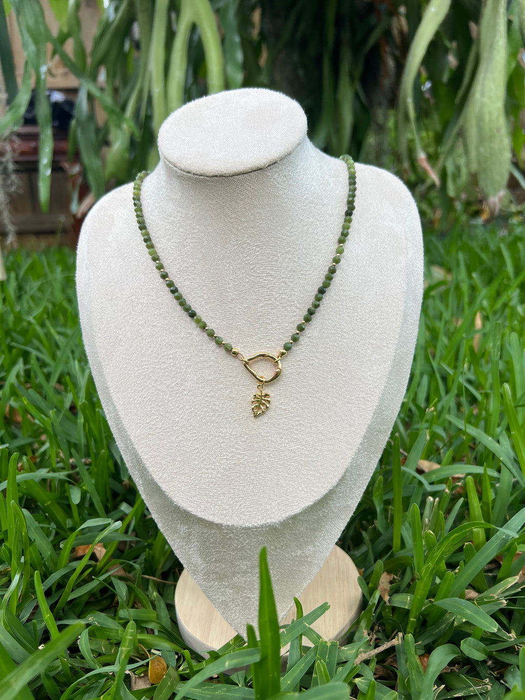Green Jade Necklace with Gold Filled Leaf Pendant