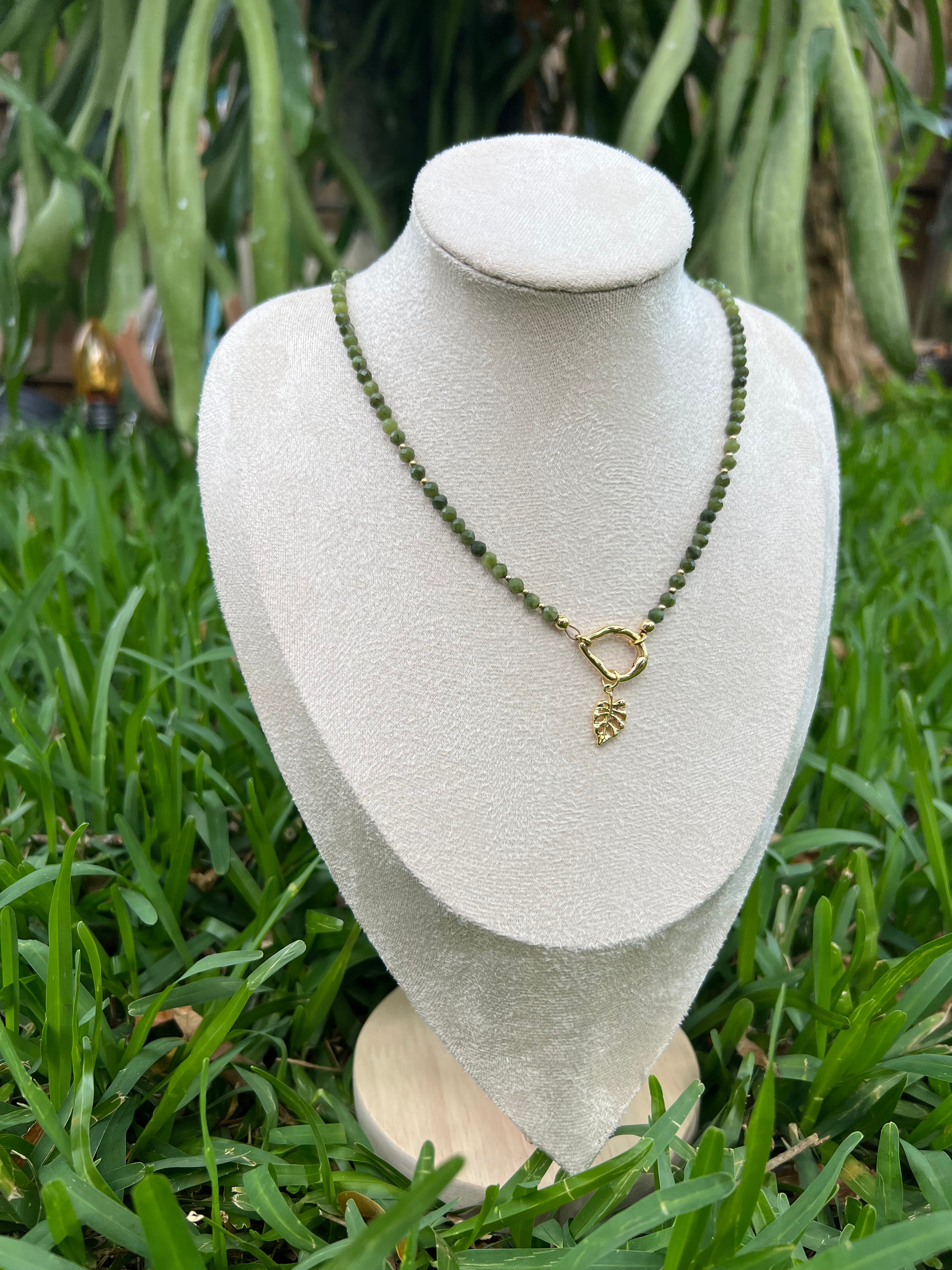 Green Jade Necklace with Gold Filled Leaf Pendant