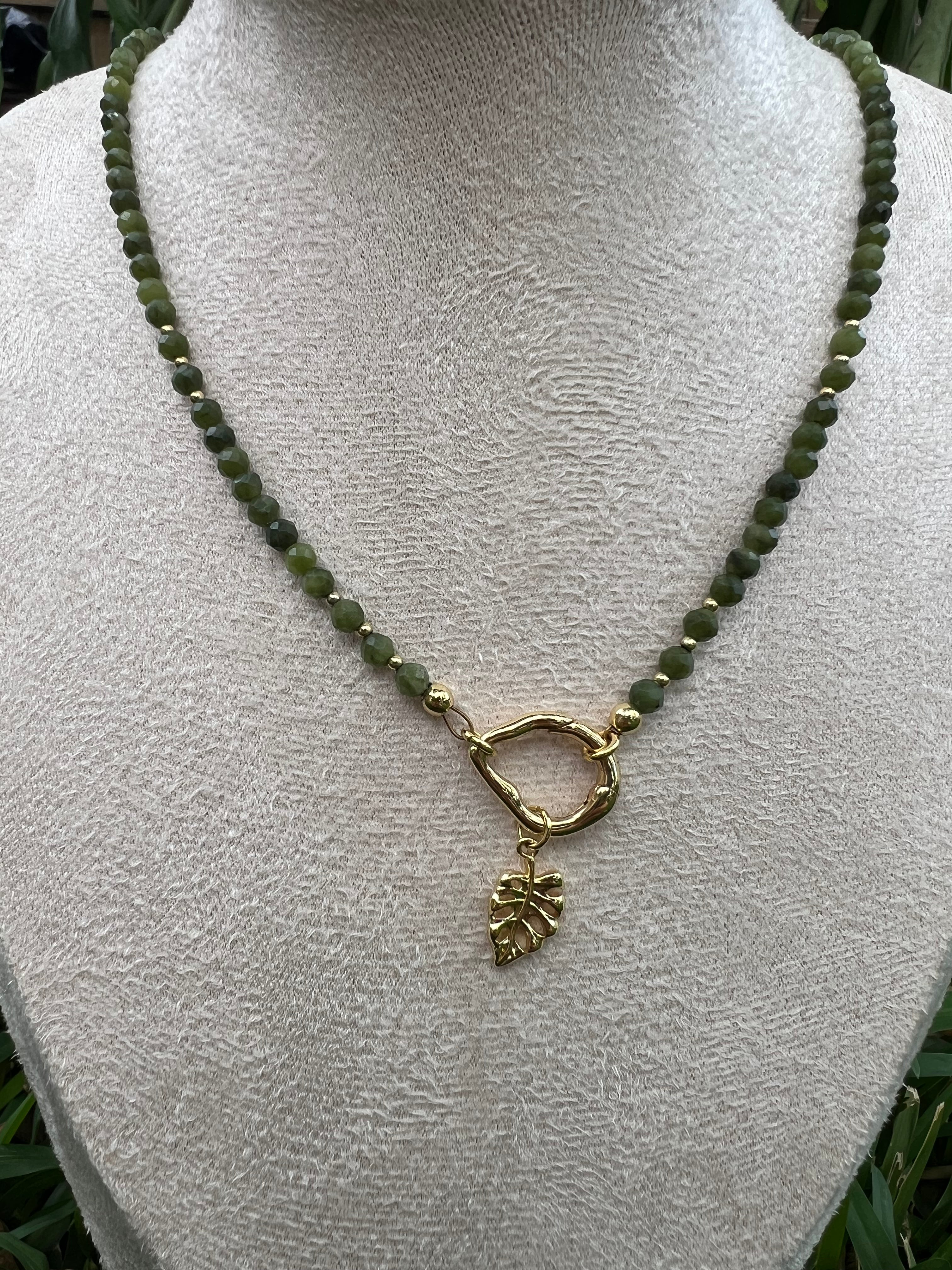 Green Jade Necklace with Gold Filled Leaf Pendant