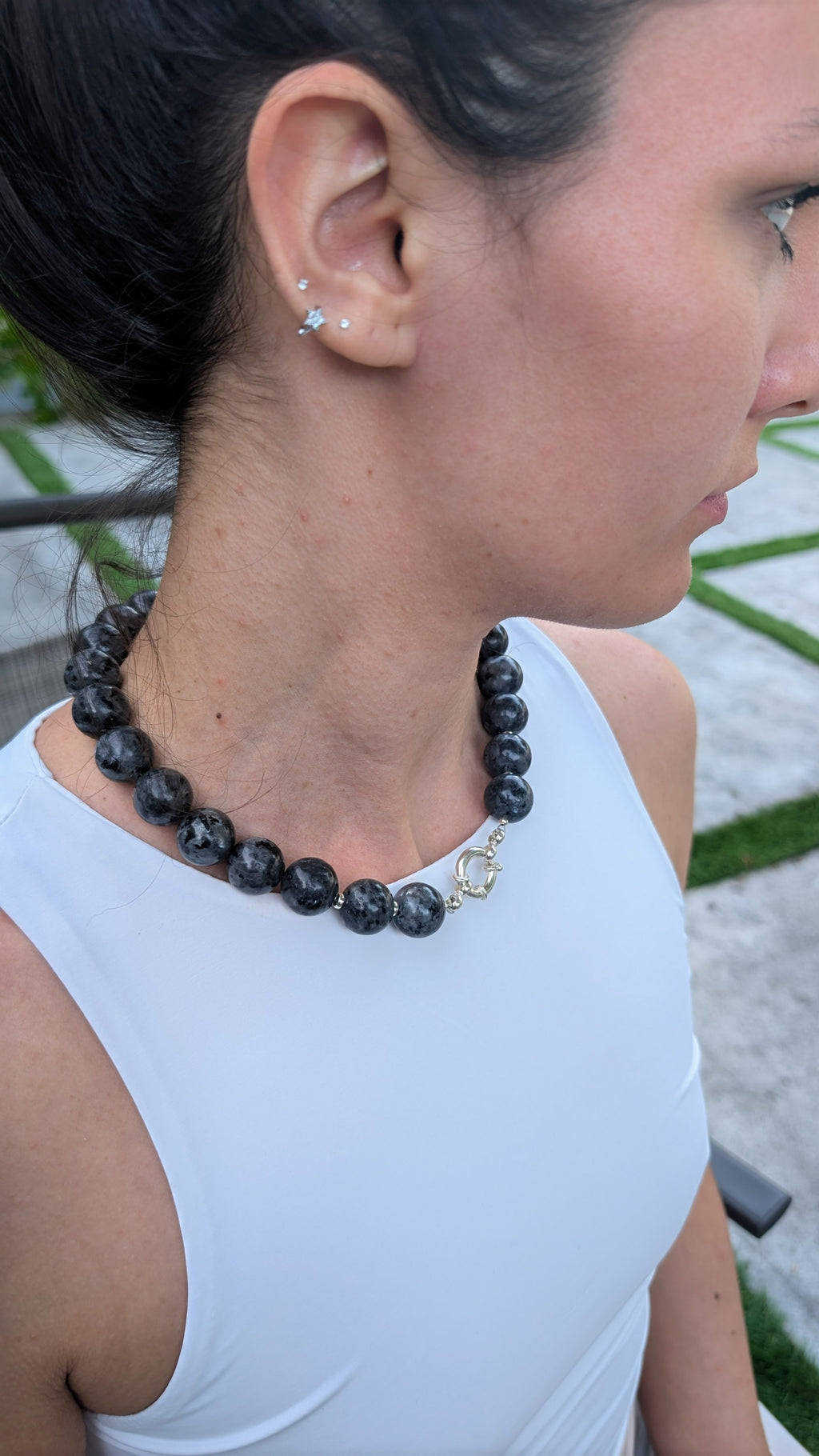 Round labradorite necklace. Sterling silver sailor clasp