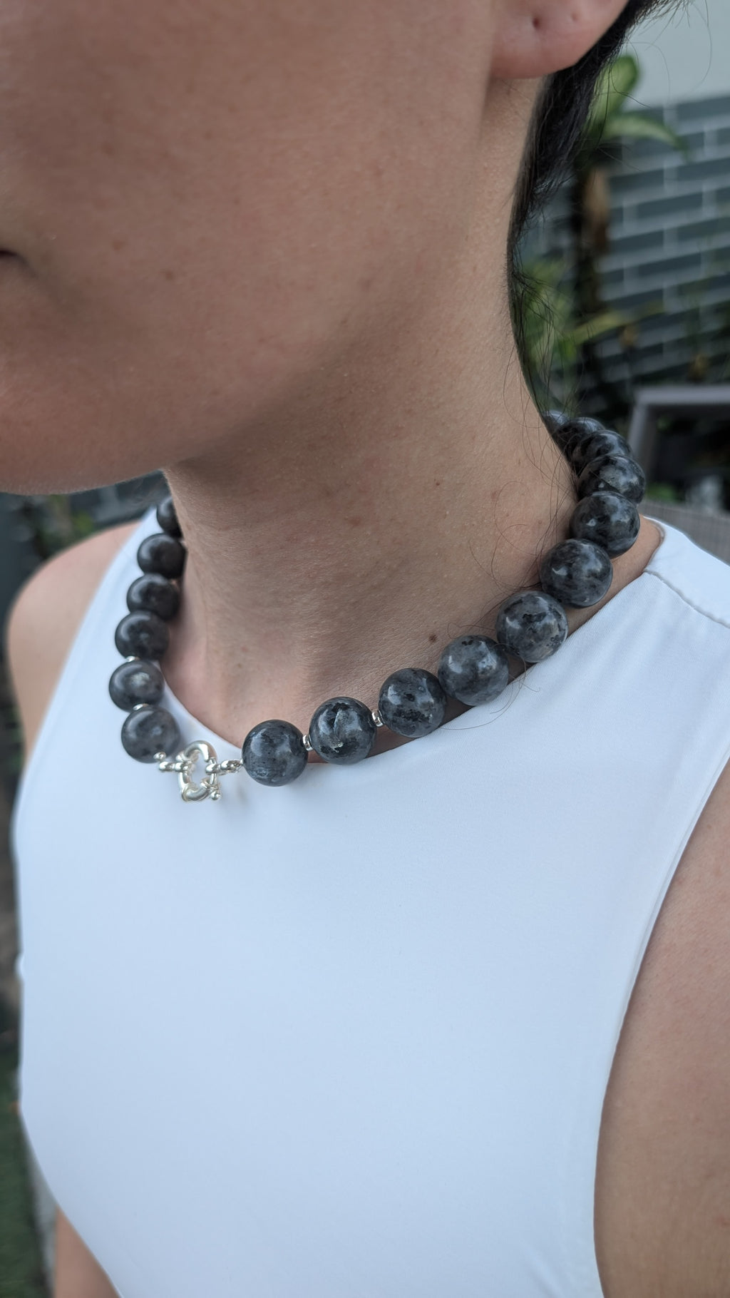 Round labradorite necklace. Sterling silver sailor clasp