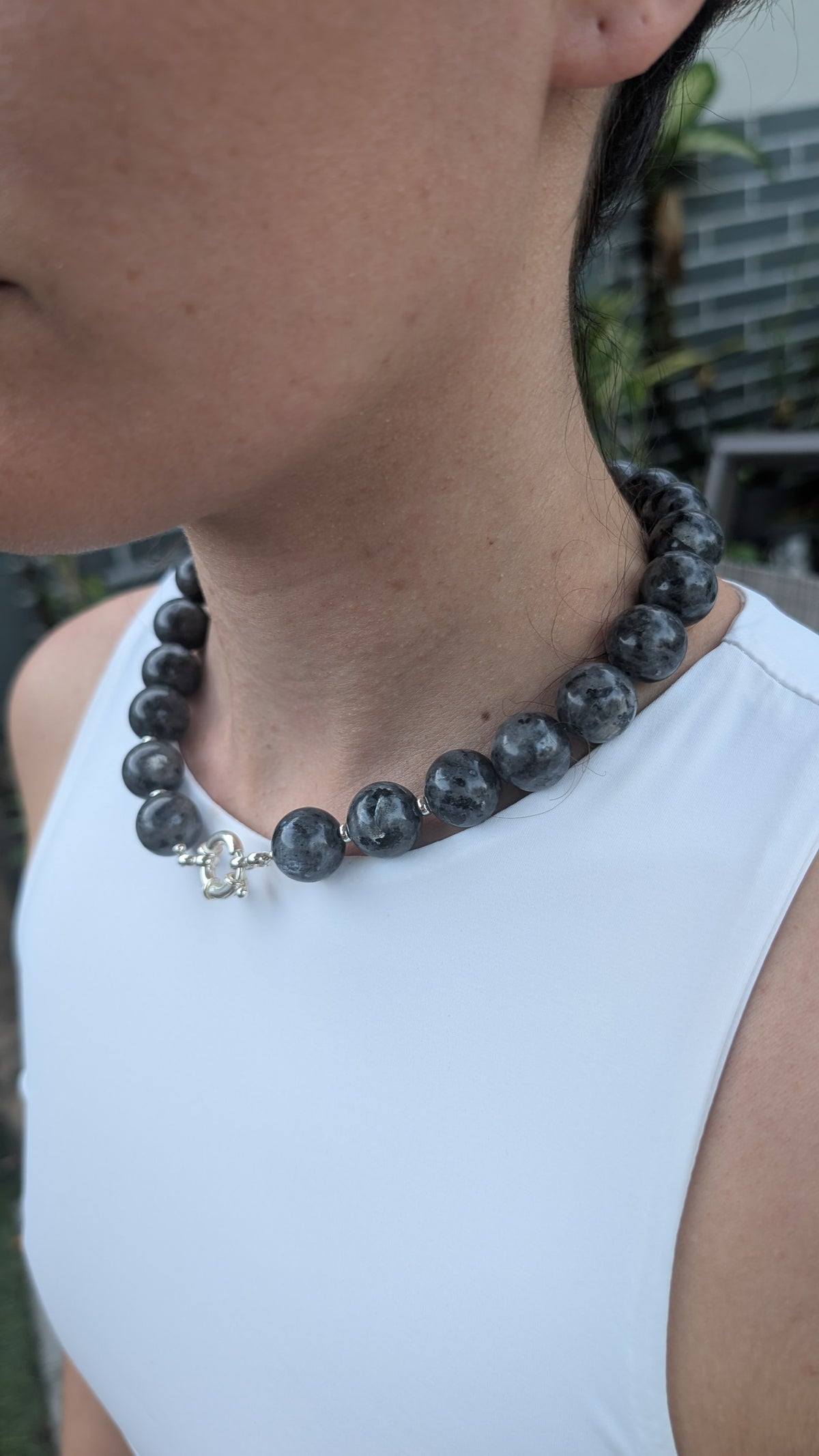 Round labradorite necklace. Sterling silver sailor clasp