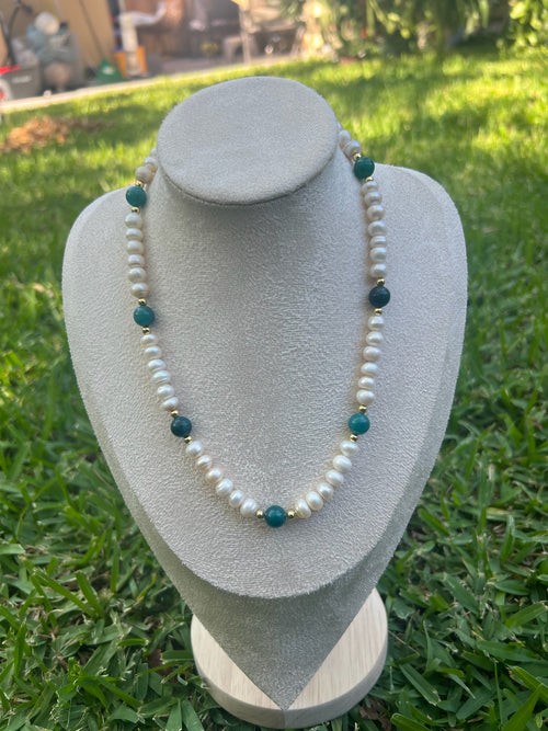 Freshwater pearl necklace with blue agate, gold filled spacers and toggle clasp.