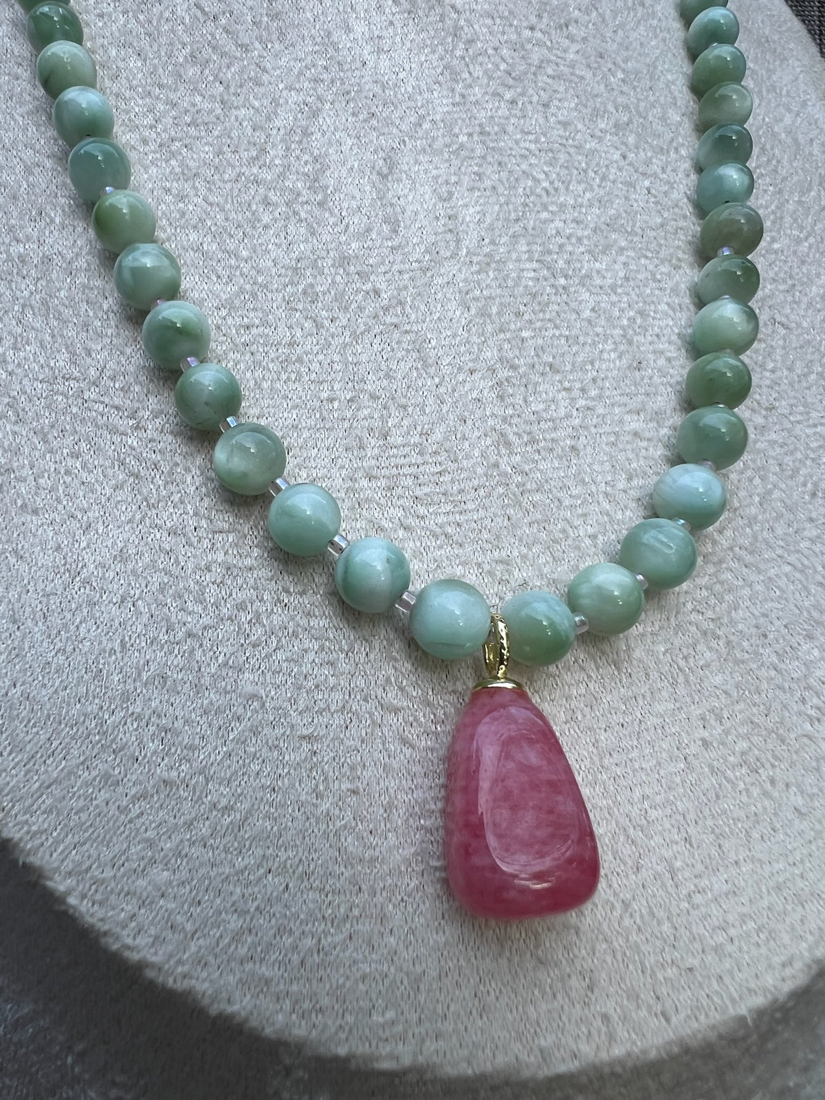 "Celestial Rose" Gold-Filled Semiprecious Stone Necklace with Green Moonstone and Rose Quartz Pendant