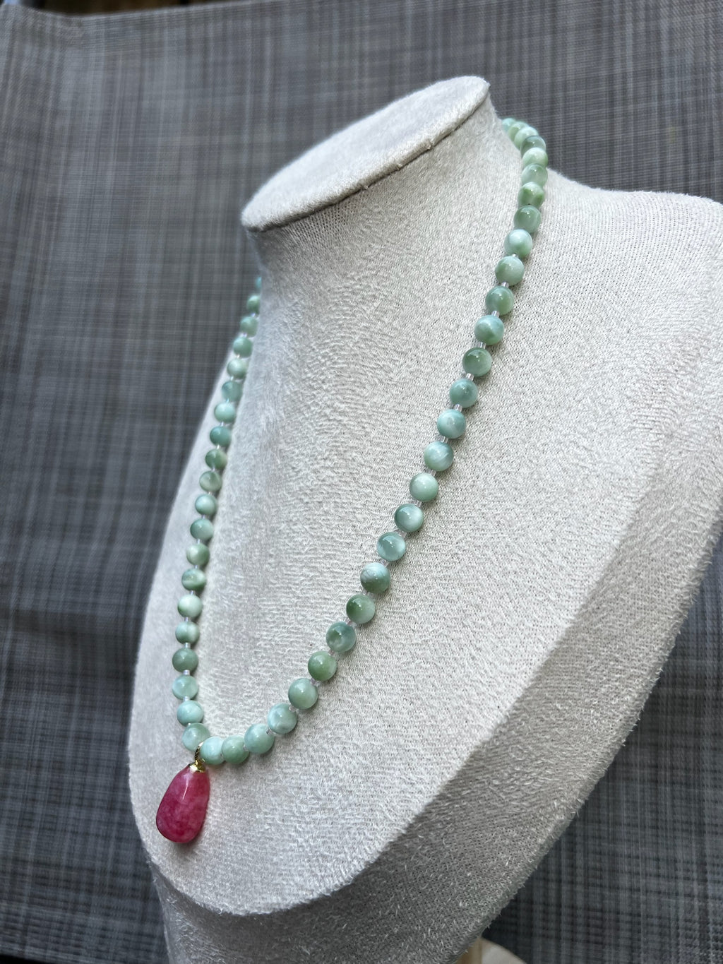 "Celestial Rose" Gold-Filled Semiprecious Stone Necklace with Green Moonstone and Rose Quartz Pendant