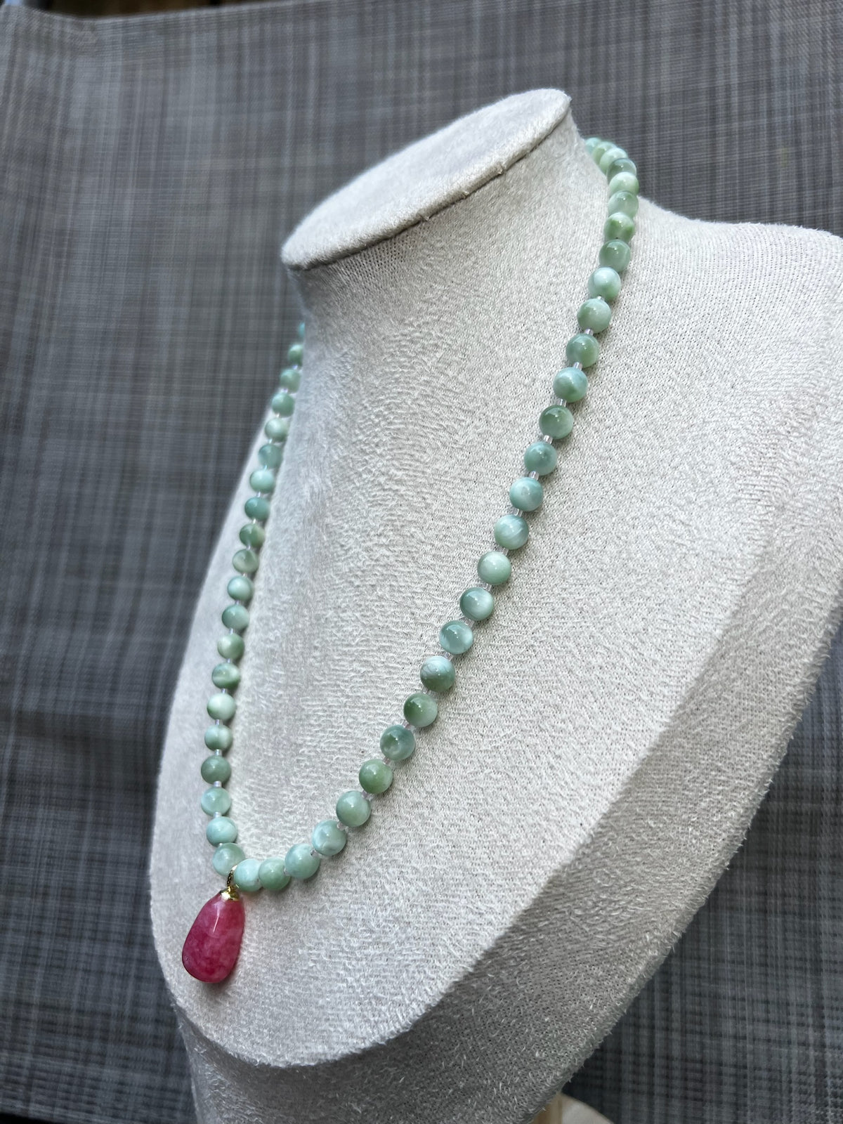 "Celestial Rose" Gold-Filled Semiprecious Stone Necklace with Green Moonstone and Rose Quartz Pendant