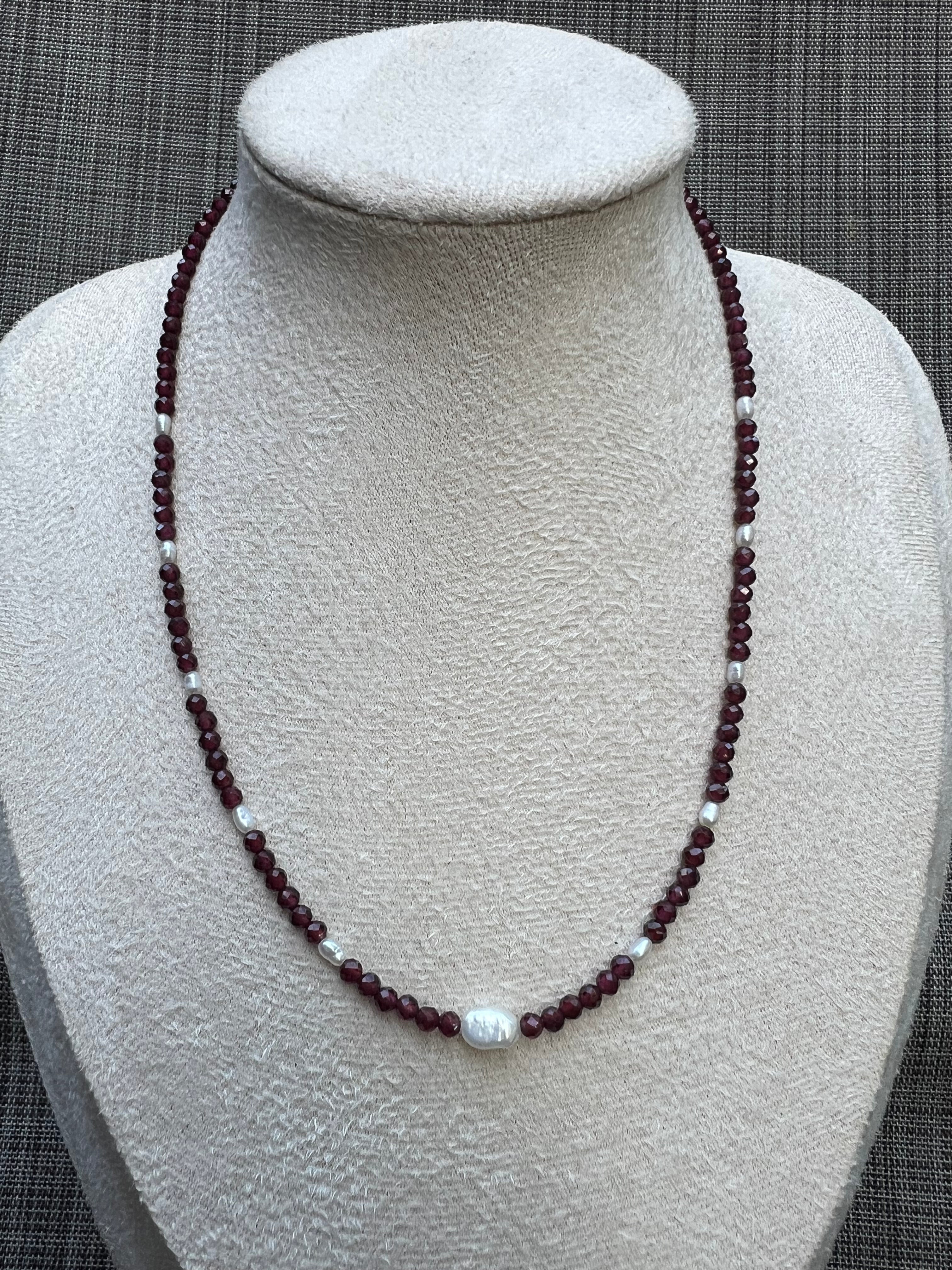 Red Garnet & Freshwater Pearl Sterling Silver Necklace