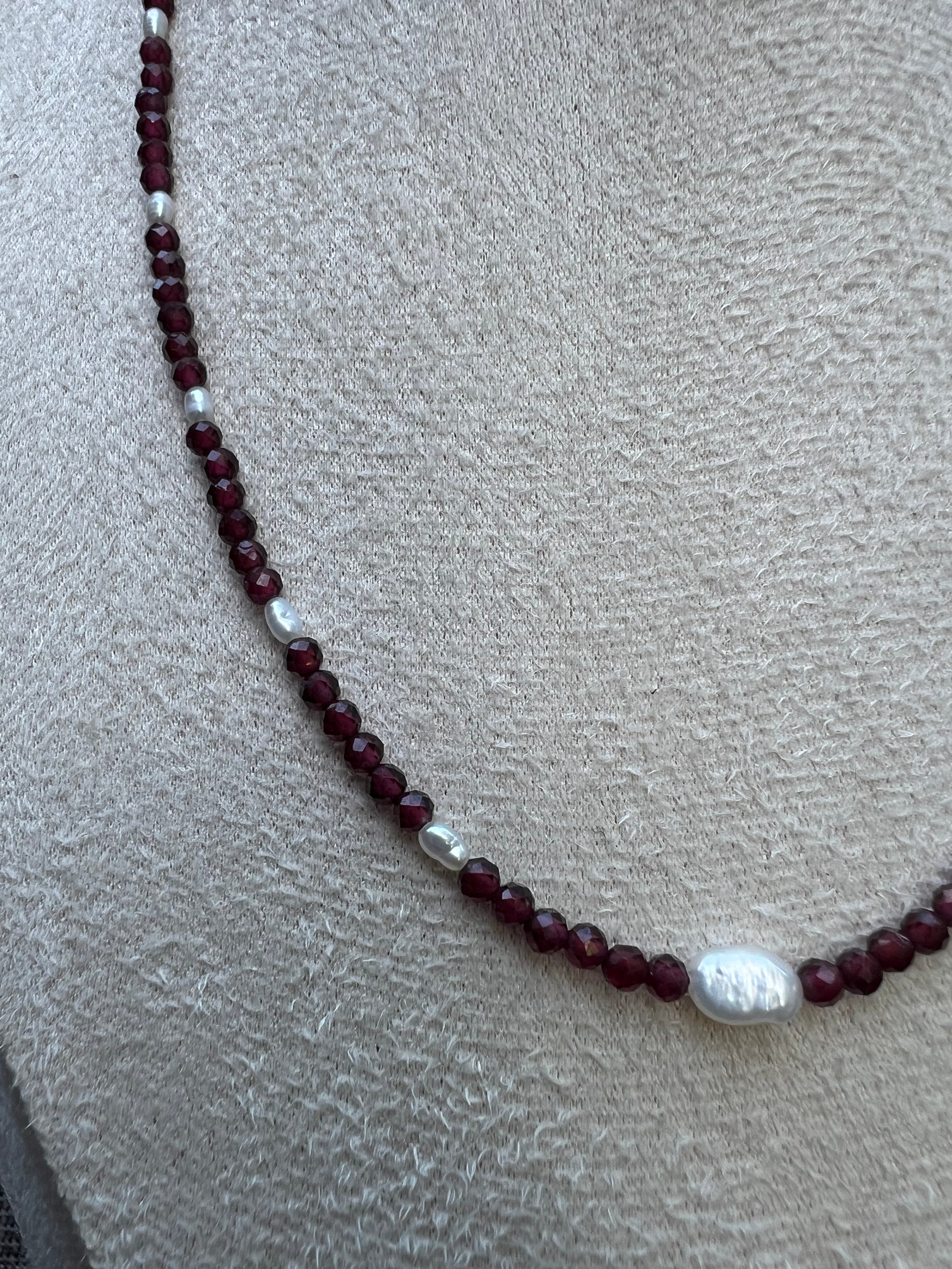 Red Garnet & Freshwater Pearl Sterling Silver Necklace