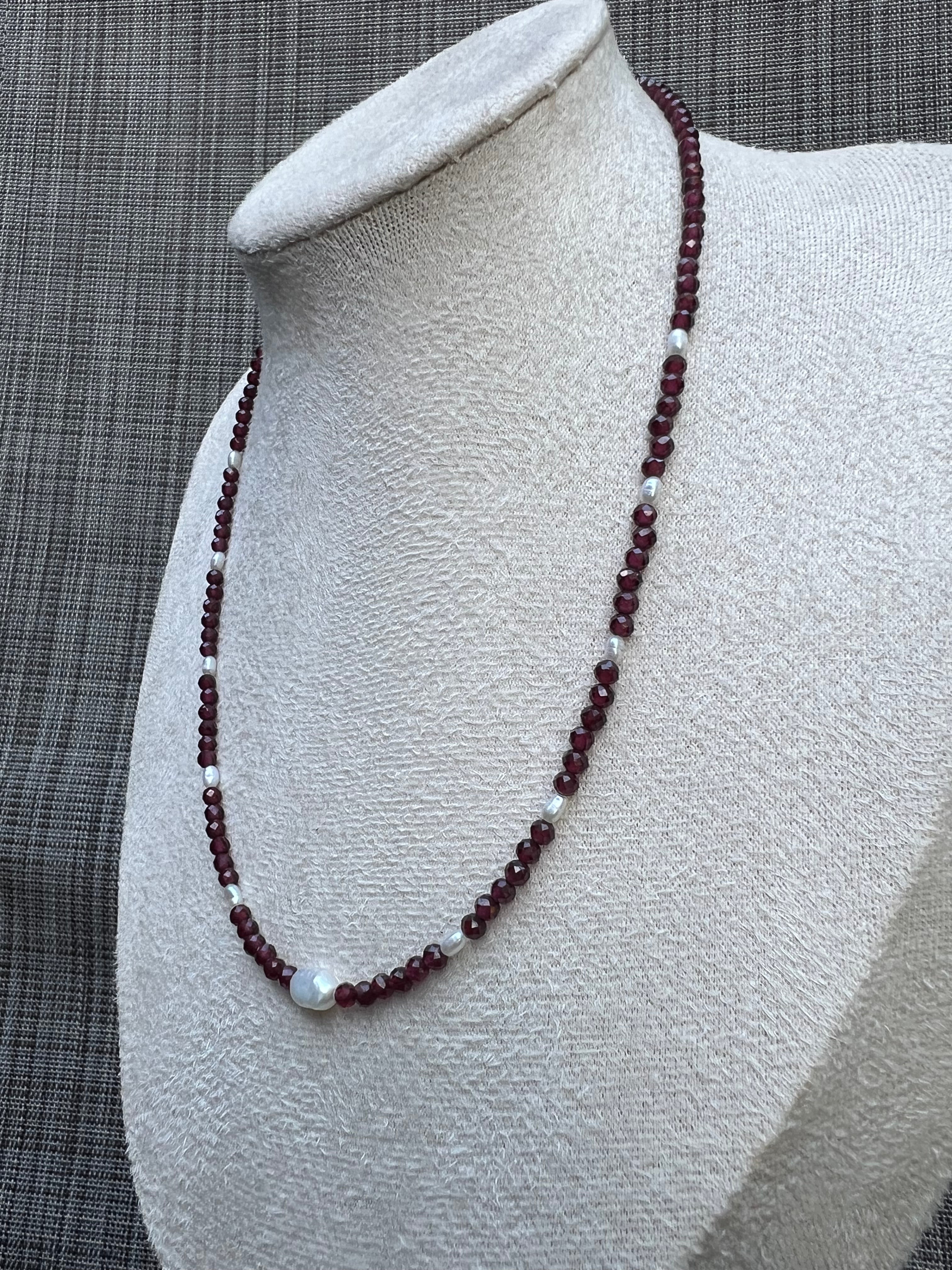 Red Garnet & Freshwater Pearl Sterling Silver Necklace