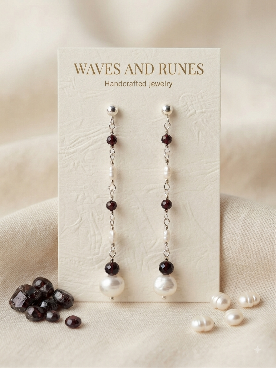 Red Garnet & Freshwater Pearl Sterling Silver Drop Earrings