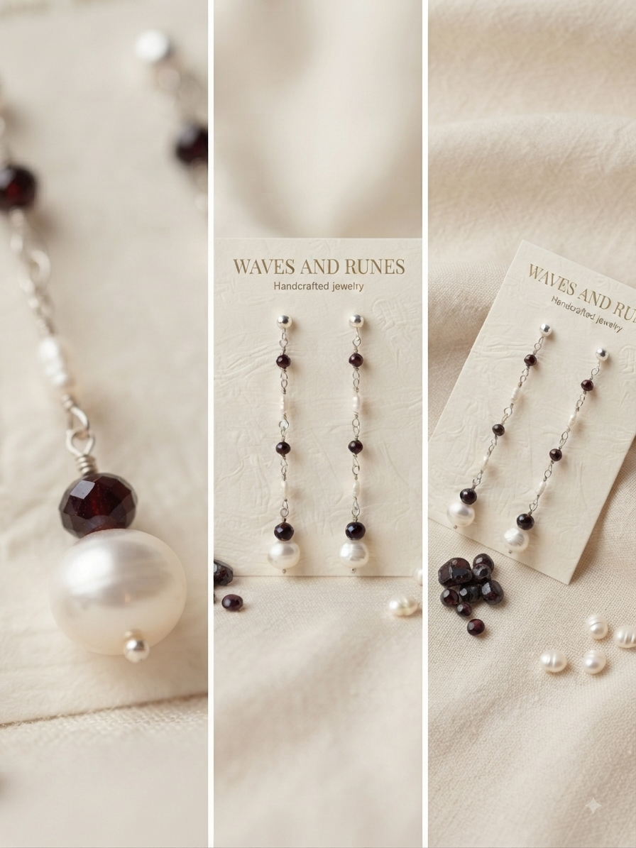 Red Garnet & Freshwater Pearl Sterling Silver Drop Earrings