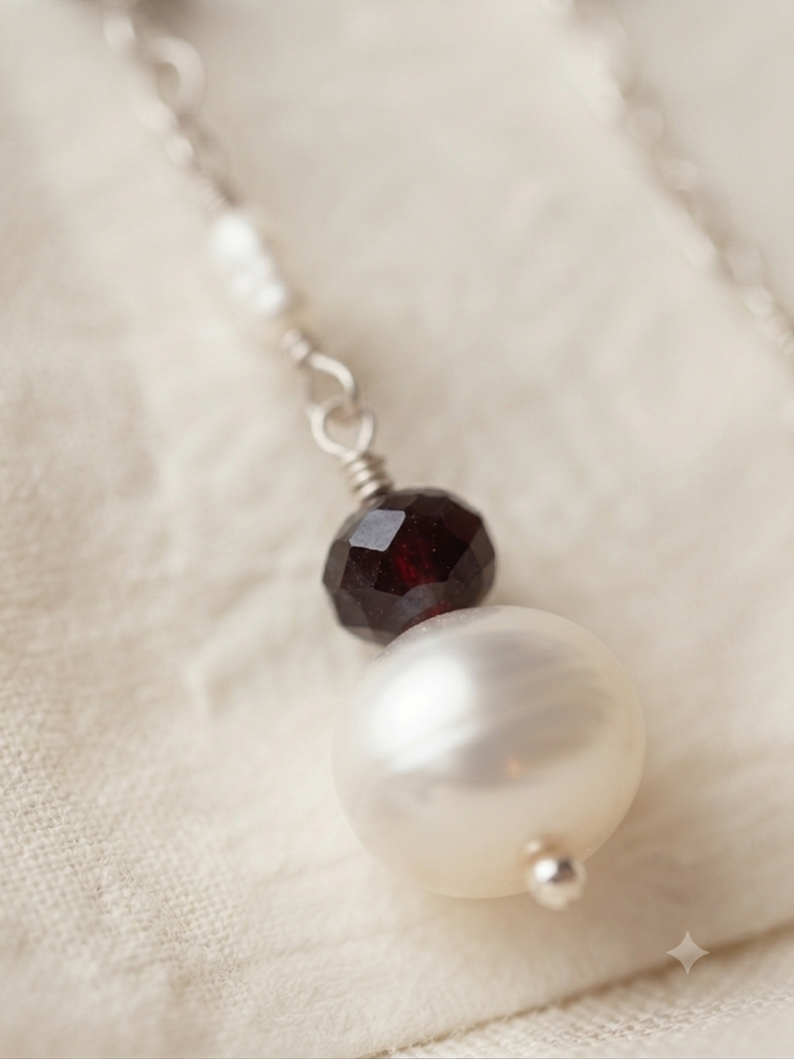 Red Garnet & Freshwater Pearl Sterling Silver Drop Earrings