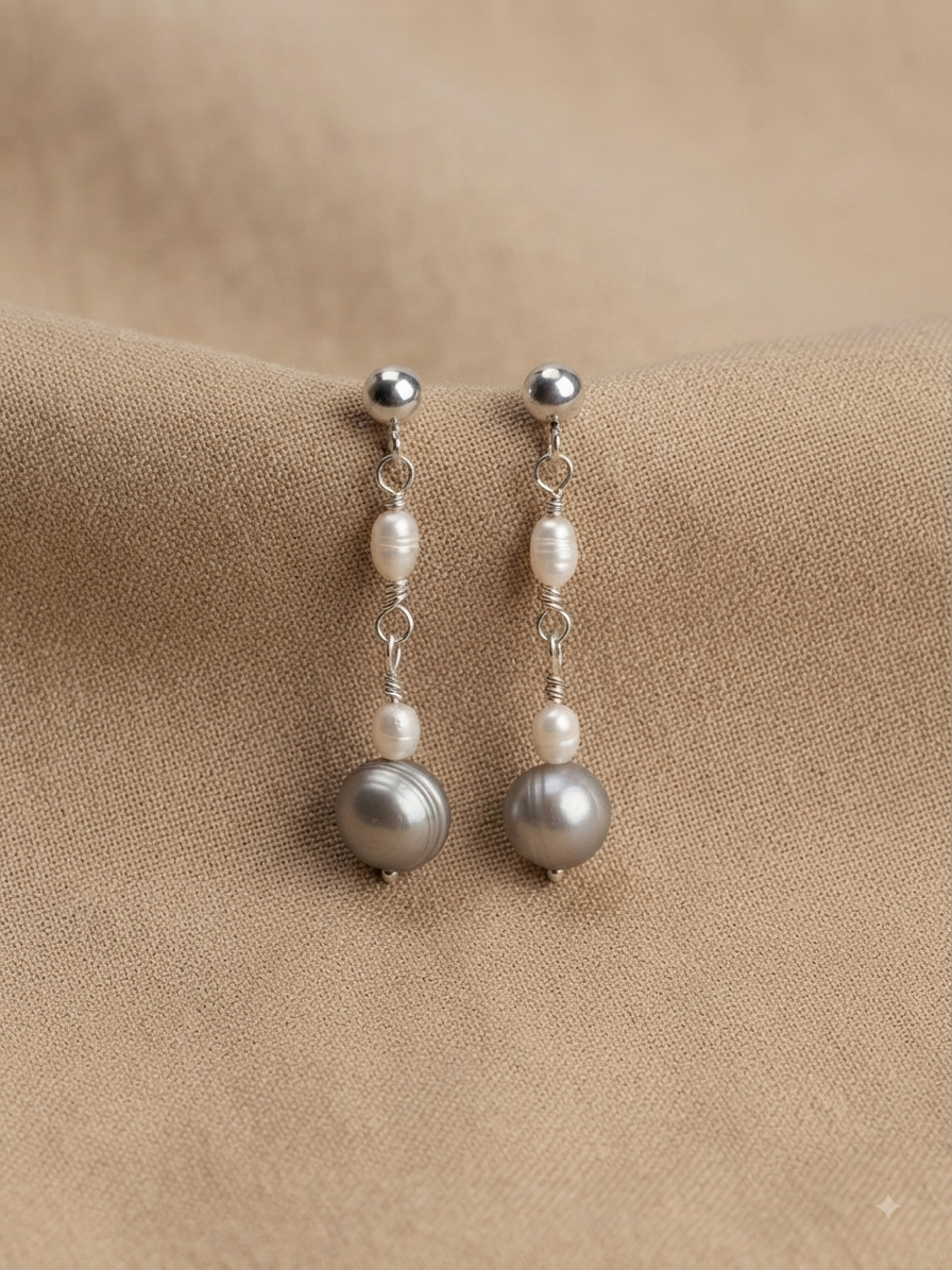 Grey & White Freshwater Pearl Sterling Silver Drop Earrings