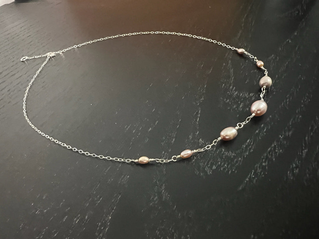 “Veronica Necklace”. Minimalist Freshwater Pearl Sterling Silver Necklace. Rose freshwater pearl and sterling silver chain.