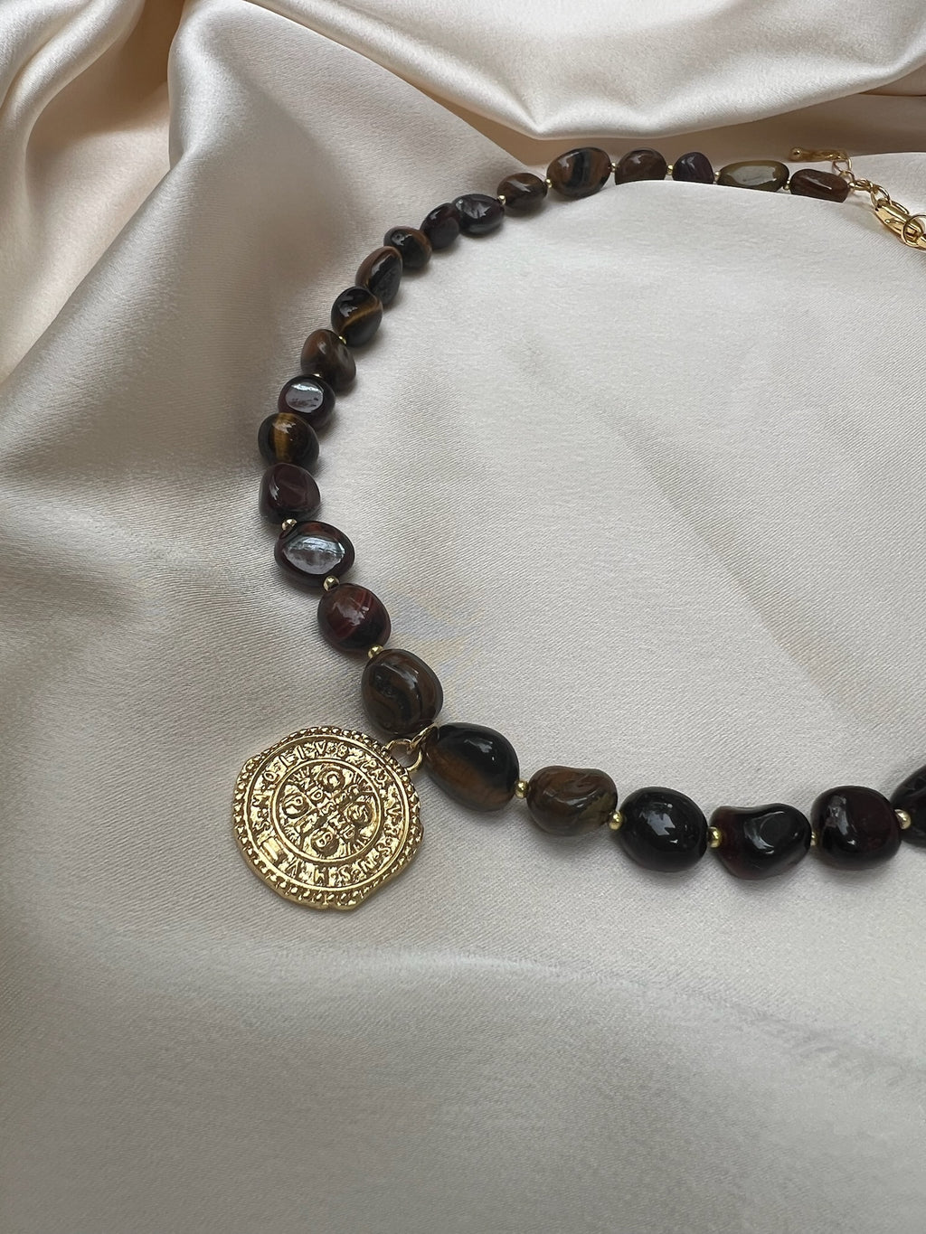 Multicolor Tiger Eye Beaded Necklace with Gold-Filled Medallion Pendant