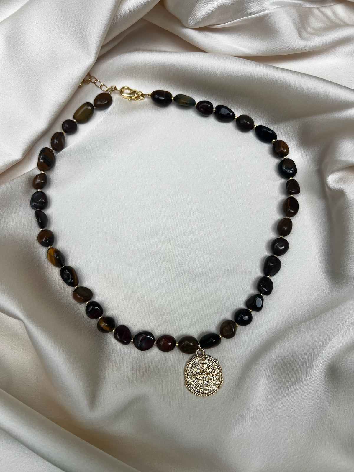 Multicolor Tiger Eye Beaded Necklace with Gold-Filled Medallion Pendant
