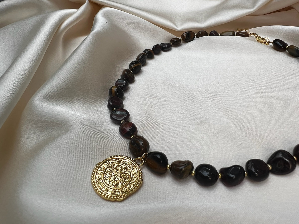 Multicolor Tiger Eye Beaded Necklace with Gold-Filled Medallion Pendant