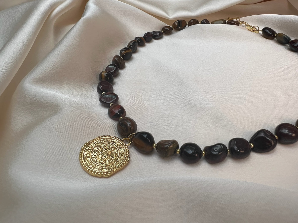 Multicolor Tiger Eye Beaded Necklace with Gold-Filled Medallion Pendant