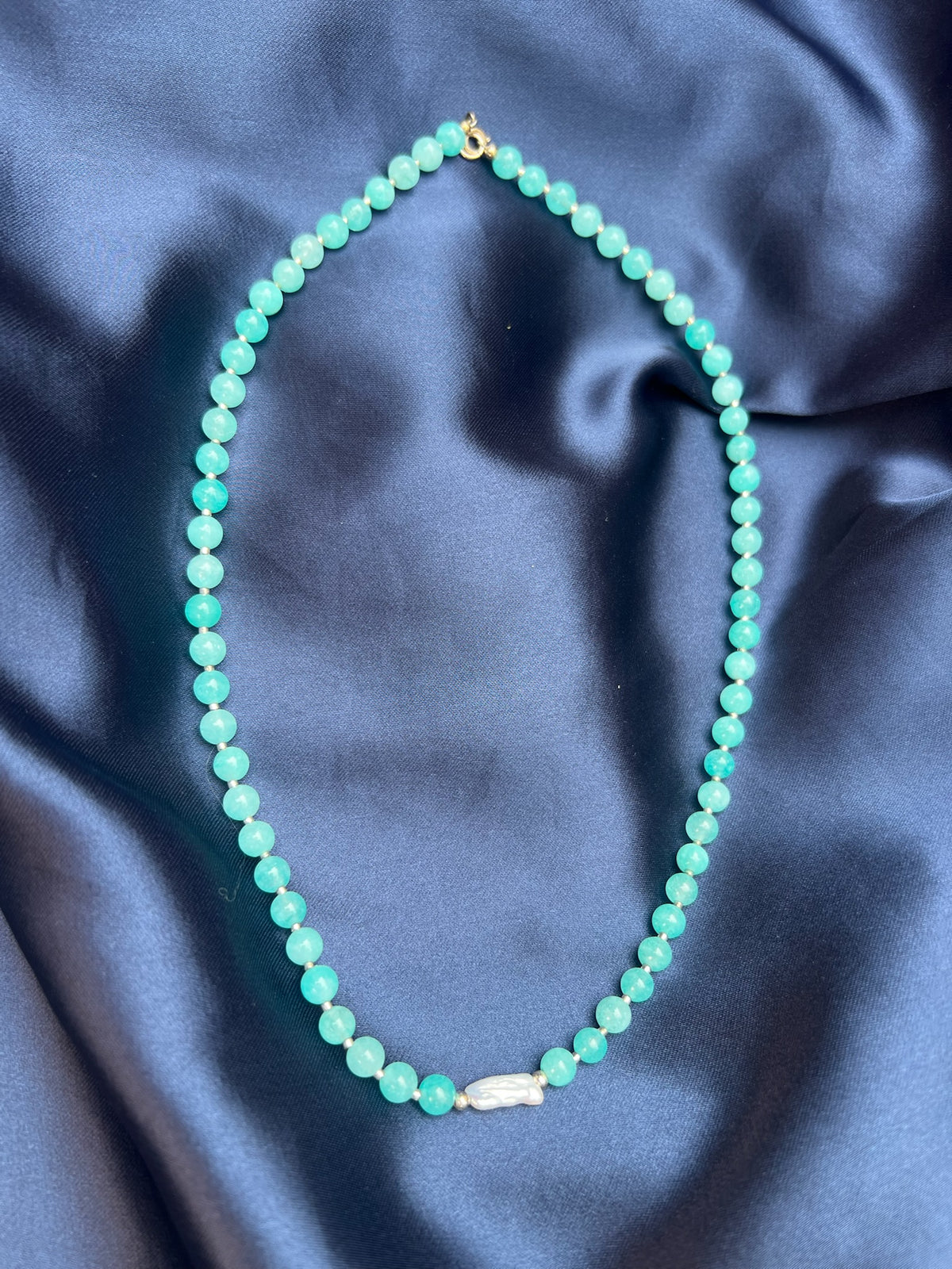 Smooth Round Amazonite Necklace with Baroque Freshwater Pearl in Sterling Silver