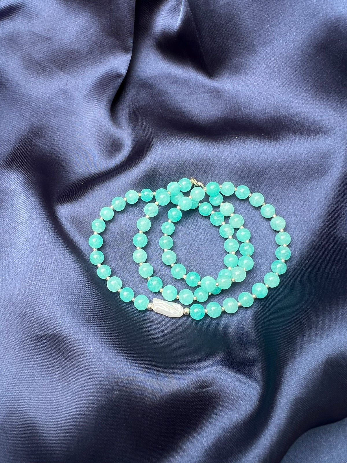 Smooth Round Amazonite Necklace with Baroque Freshwater Pearl in Sterling Silver