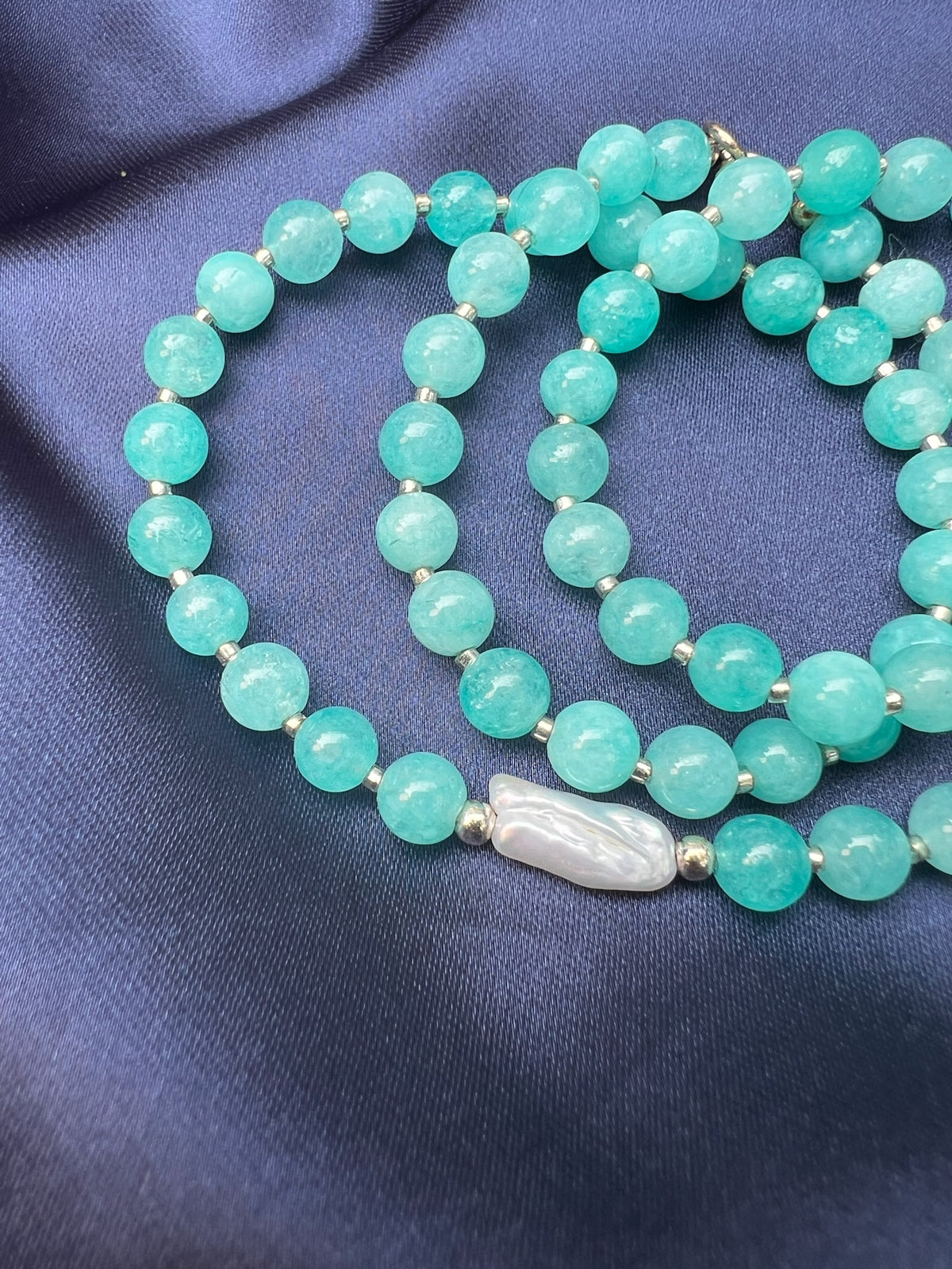 Smooth Round Amazonite Necklace with Baroque Freshwater Pearl in Sterling Silver
